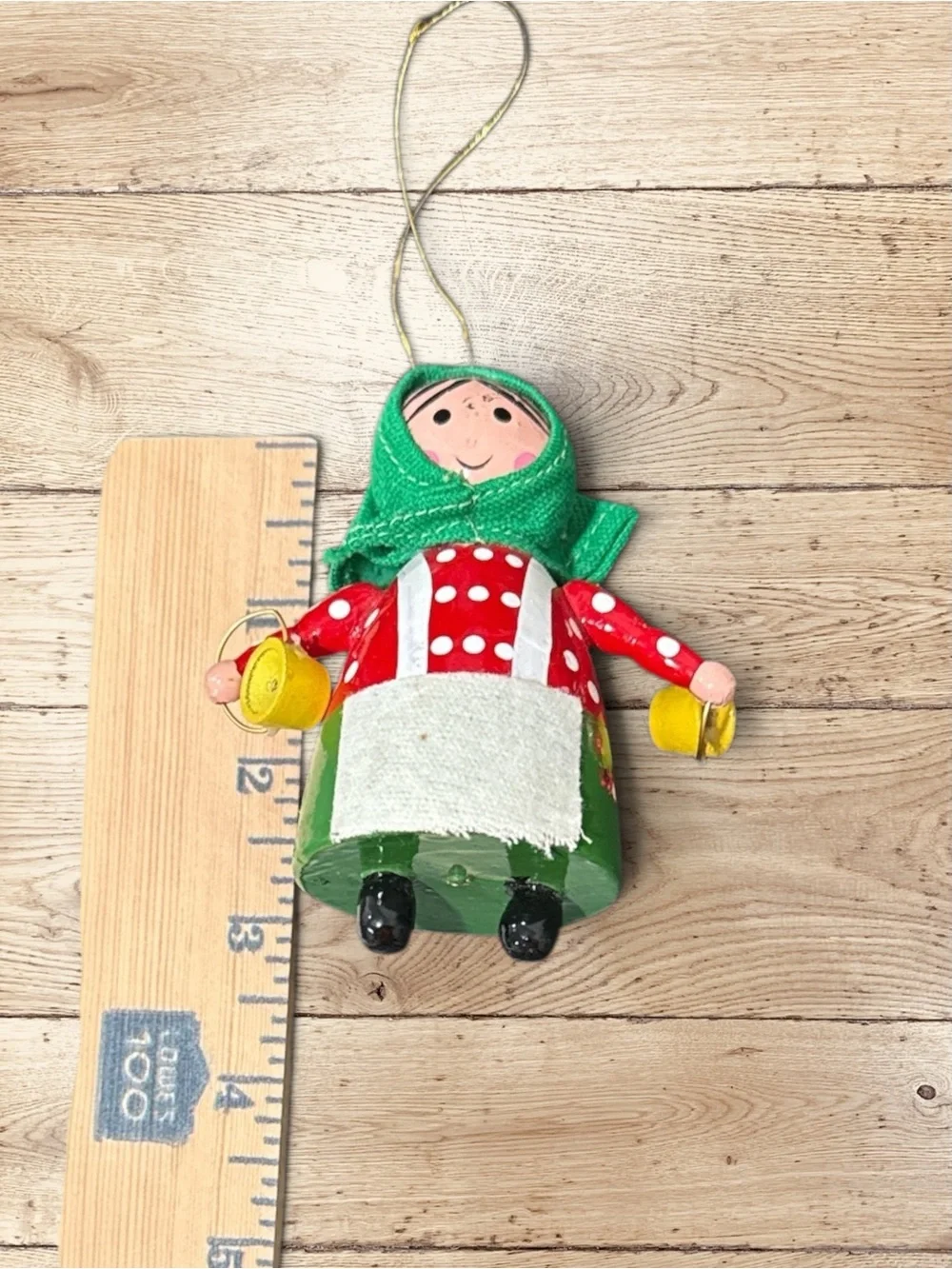 Vintage Handcrafted Woman Christmas Ornament Folk Art Hand Painted Buckets